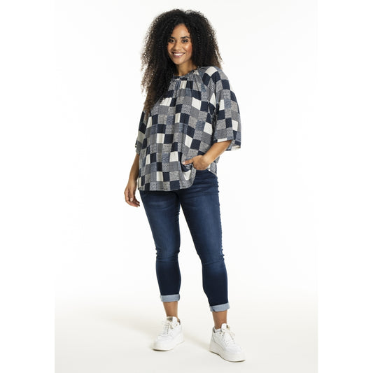 Studio SLeni Blouse Blouse Navy-white checks with print